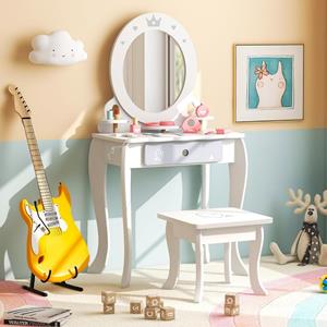 Costway Make-Uptafel voor Kinderen 2-In-1 Kaptafel van Hout met Kruk Afneembare Spiegel Laden en Accessoires Kinderkaptafel voor Kinderen 3+