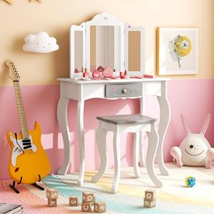 Costway 2-In-1 Kinder Kaptafel met Kruk Kaptafel Prinses met Afneembare 3-Voudig Inklapbare Spiegel Lade en 10 Accessoires Make-Upcommode
