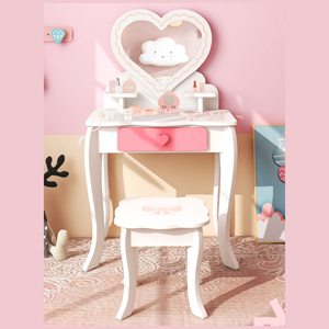 Costway Make-Uptafel voor Kinderen 2-In-1 Kaptafel met Hartvormige Spiegel Kruk Lade en Accessoires Kinderkaptafel voor Kinderen 3+