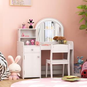 Costway 2-In-1 Make-Uptafel voor Kinderen Kaptafel met Kruk Led-Lechten/Spiegel/Kast/Lade Cosmeticatafel Make-Uptafel voor Kinderen 3+ Wit