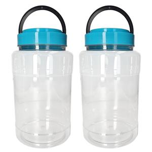 CM Voedsel opslag container - 2x - kunststof - 4 liter - afsluitdop en draag hengsel - transparant/blau -