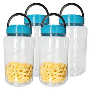 CM Voedsel opslag container - 4x - kunststof - 4 liter - afsluitdop en draag hengsel - transparant/blau -
