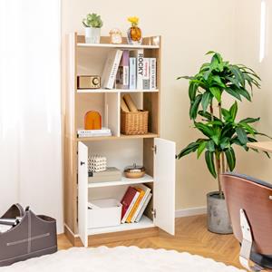 Costway Boekenkast met Dubbeldeurskast 3-Niveau Hoge Plank Vrijstaand Opbergmeubel voor Woonkamer Studeerkamer Keuken 60 x 30 x140 cm