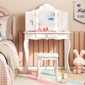 Costway Kaptafel en Krukje voor Kinderen met Afneembare Driewegspiegel & LED-Lampjes Make-Uptafel voor Prinsessen met Lade Wit