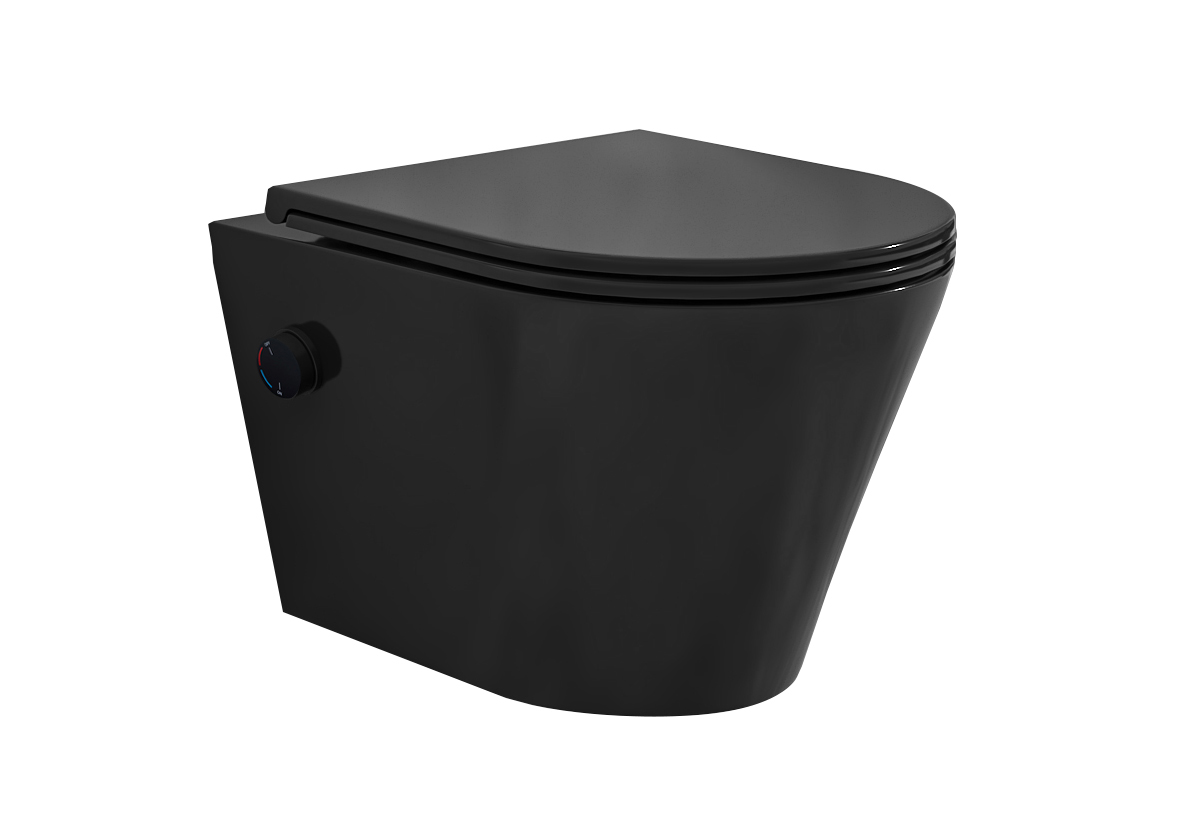<QuerySet [<AttributeOption: Wiesbaden>]> Hangend toilet Vesta mat zwart met bidetkraan en flatline zitting koud water