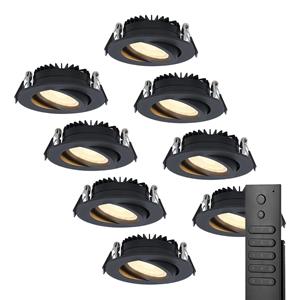 HOFTRONIC™ Set van 8 dimbare LED inbouwspots Rome - Zwart - 6 Watt - Kantelbaar - 2700K warm wit - IP44 - Inclusief afstandsbediening - Geringe inbouwdiepte