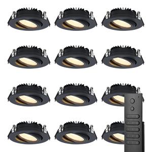HOFTRONIC™ Set van 12 dimbare LED inbouwspots Rome - Zwart - 6 Watt - Kantelbaar - 2700K warm wit - IP44 - Inclusief afstandsbediening - Geringe inbouwdiepte