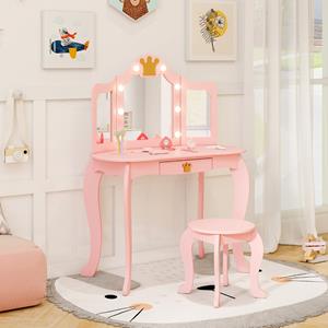 Costway Kinderkaptafelset met Verlichte Spiegel Tafel- en Krukset 3-Delige Opvouwbare Spiegel Verstelbare Helderheid Wit / Roze