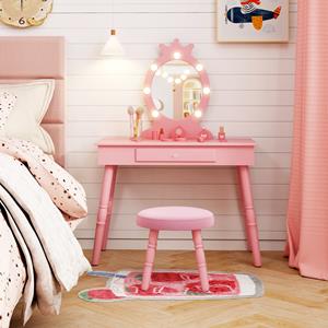 Costway Kinderkaptafel Set met Verlichte Spiegel Tafel en Kruk Set met Verstelbare Verlichting Grote Lade Gestoffeerde Kruk