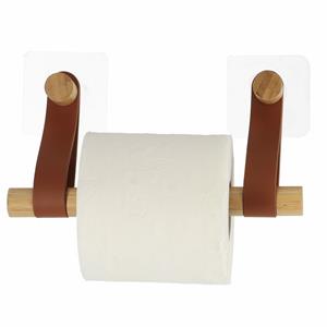 Tendance Toiletrolhouder wand/muur - zelfklevend - cognac - bamboe/kunstleer - zonder boren -