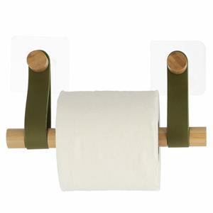 Tendance Toiletrolhouder wand/muur - zelfklevend - olijfgroen - bamboe/kunstleer - zonder boren -