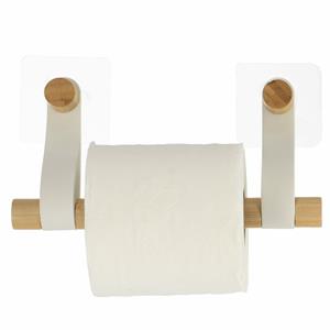 Tendance Toiletrolhouder wand/muur - zelfklevend - wit - bamboe/kunstleer - zonder boren -