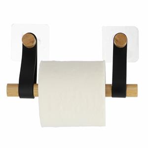 Tendance Toiletrolhouder wand/muur - zelfklevend - zwart - bamboe/kunstleer - zonder boren -