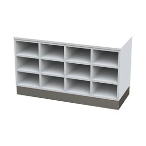 Sitover-garderobebank, enkelzijdig, met kunststof coating, 9 vakken, lengte 820 mm, wit, sokkel van roestvast staal