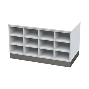 Sitover-garderobebank, dubbelzijdig, met kunststof coating, 2 x 9 vakken, lengte 820 mm, wit, sokkel van roestvast staal