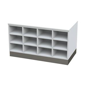 Sitover-garderobebank, dubbelzijdig, met kunststof coating, 2 x 12 vakken, lengte 1090 mm, wit, sokkel van roestvast staal