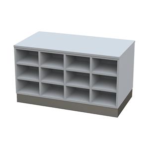 Sitover-garderobebank, dubbelzijdig, met kunststof coating, 2 x 12 vakken, lengte 1090 mm, grijs, sokkel van roestvast staal