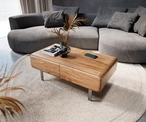 DELIFE Couchtisch Anaya 100x50 cm Akazie Natur 2 Schubladen L-Fuß Edelstahl