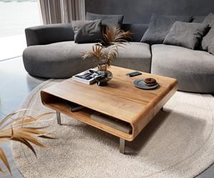 DELIFE Couchtisch Anaya 90x90 cm Akazie Natur 1 Fach L-Fuß Edelstahl