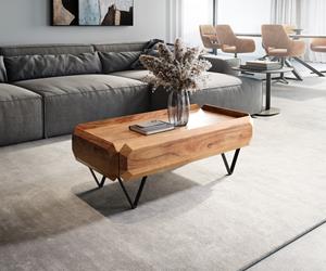 DELIFE Couchtisch Kiano 100x50 cm Akazie Natur 2 Schübe V-Fuß Schwarz