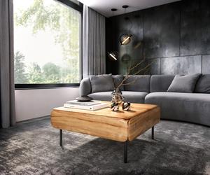 DELIFE Couchtisch Shavani 90x90 cm Akazie Natur 2 Klapptüren Metall Schwarz