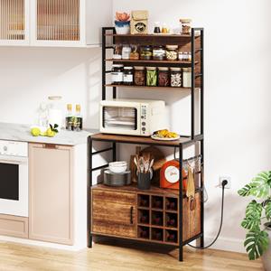 Costway Keukenplank met Stopcontacten Koffiebarkast met Haken Wijnrek Stevig Metalen Frame Magnetronstandaard Zwart/Rustiek Bruin