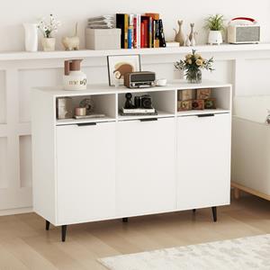 Costway Dressoir Hout Keukenkast met 5-Voudig Verstelbare Planken Opbergkast met 3 Open Vakken en Deuren voor Keuken Woonkamer Wit