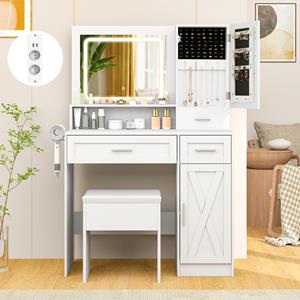 Costway Kaptafel en Krukset Make-Uptafel met 3-Kleuren LED-Spiegel Oplaadstation Sieradenkast en Lades Witte Kaptafel