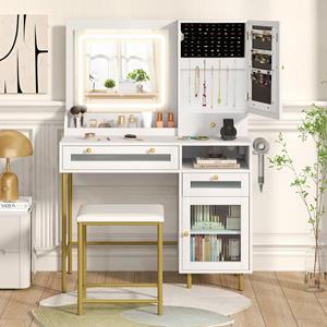 Costway Kaptafel en Krukset Make-Uptafel met 3-Kleuren LED-Spiegel Oplaadstation Sieradenkast en Lades Moderne Kaptafel Wit