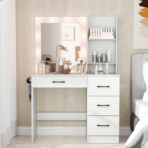 Costway Make-Uptafel met Spiegel en Verlichting Kaptafel met Oplaadstation 3-Kleurige LED-Verlichting Föhnhouder Lades Wit