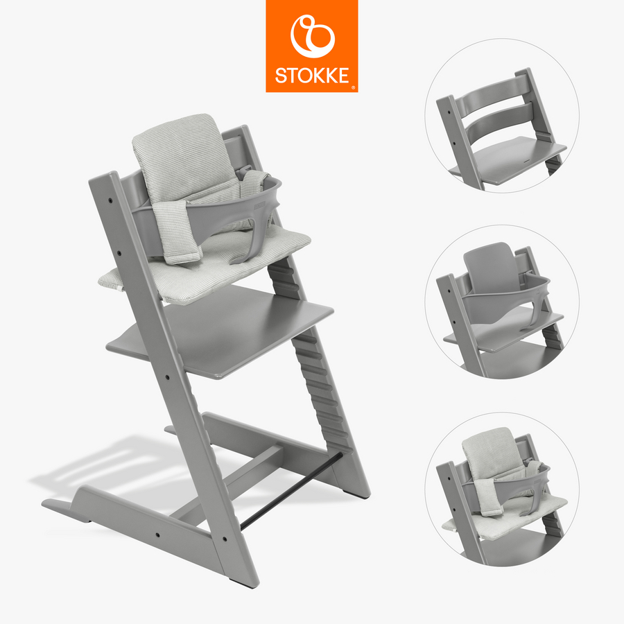 Stokke Tripp Trapp Kinderstoel beuken Storm Grey incl. kussen Grey en BabySet V2 Storm Grijs
