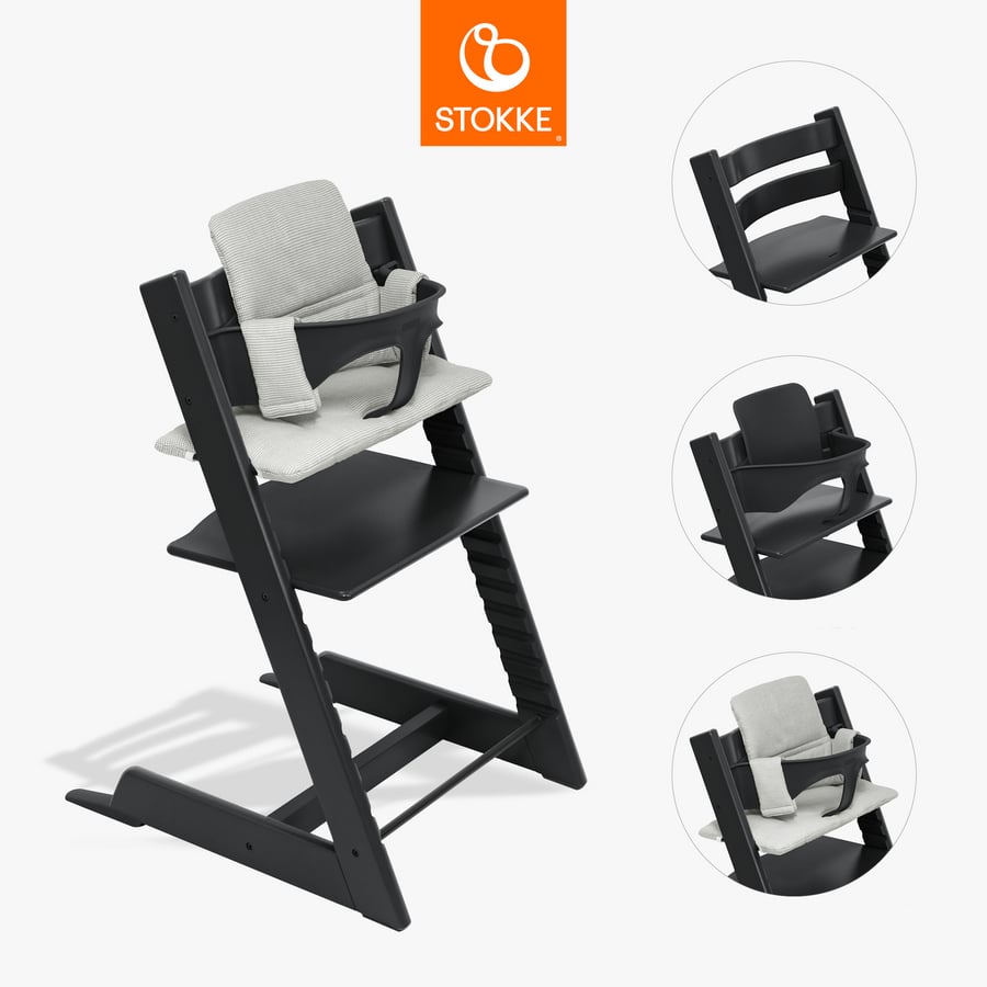 Stokke Tripp Trapp Kinderstoel beuken zwart incl. kussen Nordic Grey en Baby Set V2 zwart