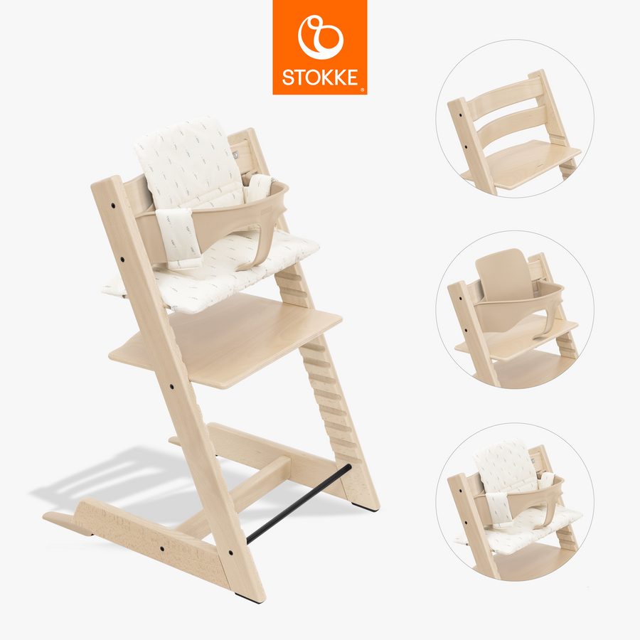 Stokke Tripp Trapp Kinderstoel naturel beuken incl. kussen Wheat Cream en Baby Set V2 naturel