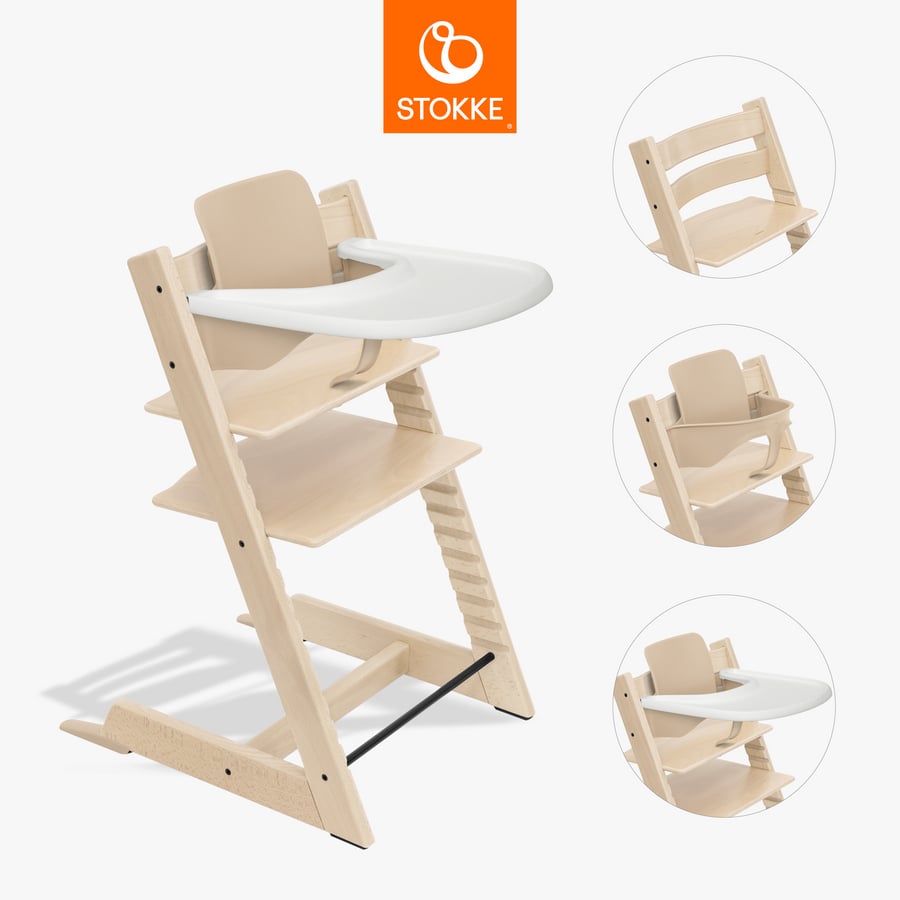 Stokke Tripp Trapp Kinderstoel beuken naturel incl. dienblad wit en Babyset V2 naturel