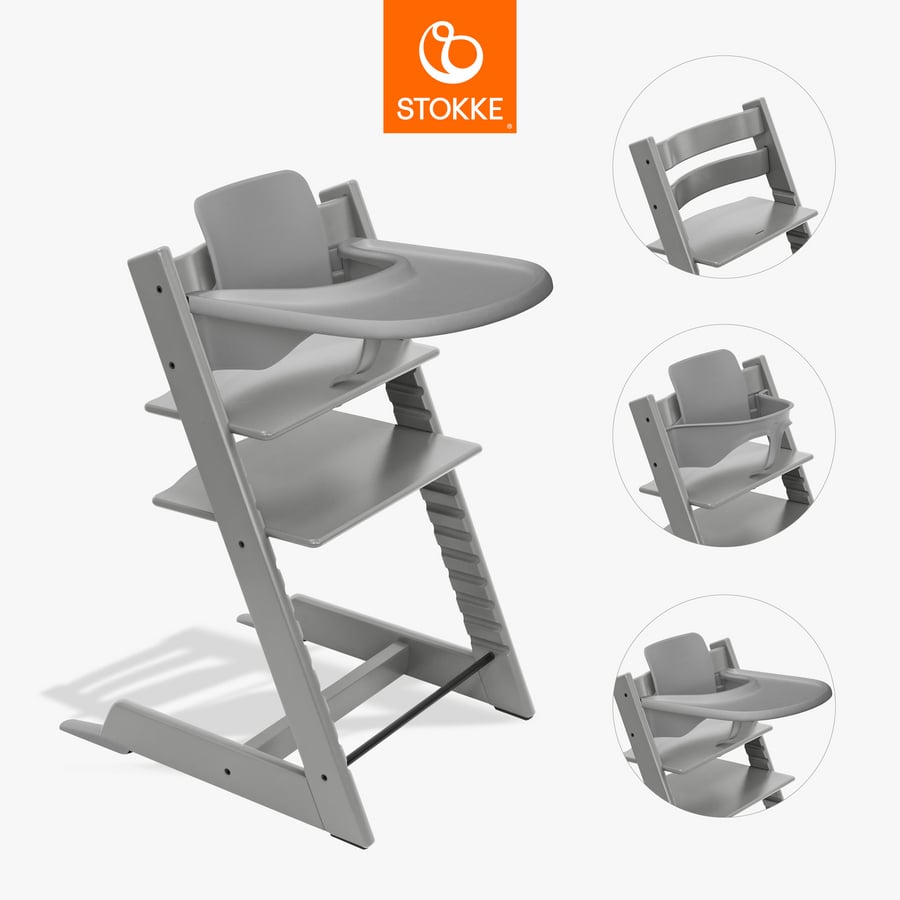 Stokke Tripp Trapp Kinderstoel Beuken Storm Grey incl. Tray Storm Grey en Babyset V2 Storm Grey