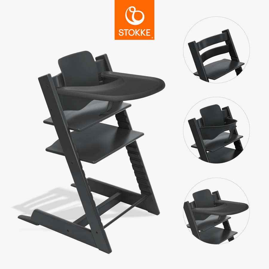 Stokke Tripp Trapp Kinderstoel beuken zwart incl. dienblad zwart en Babyset V2 zwart