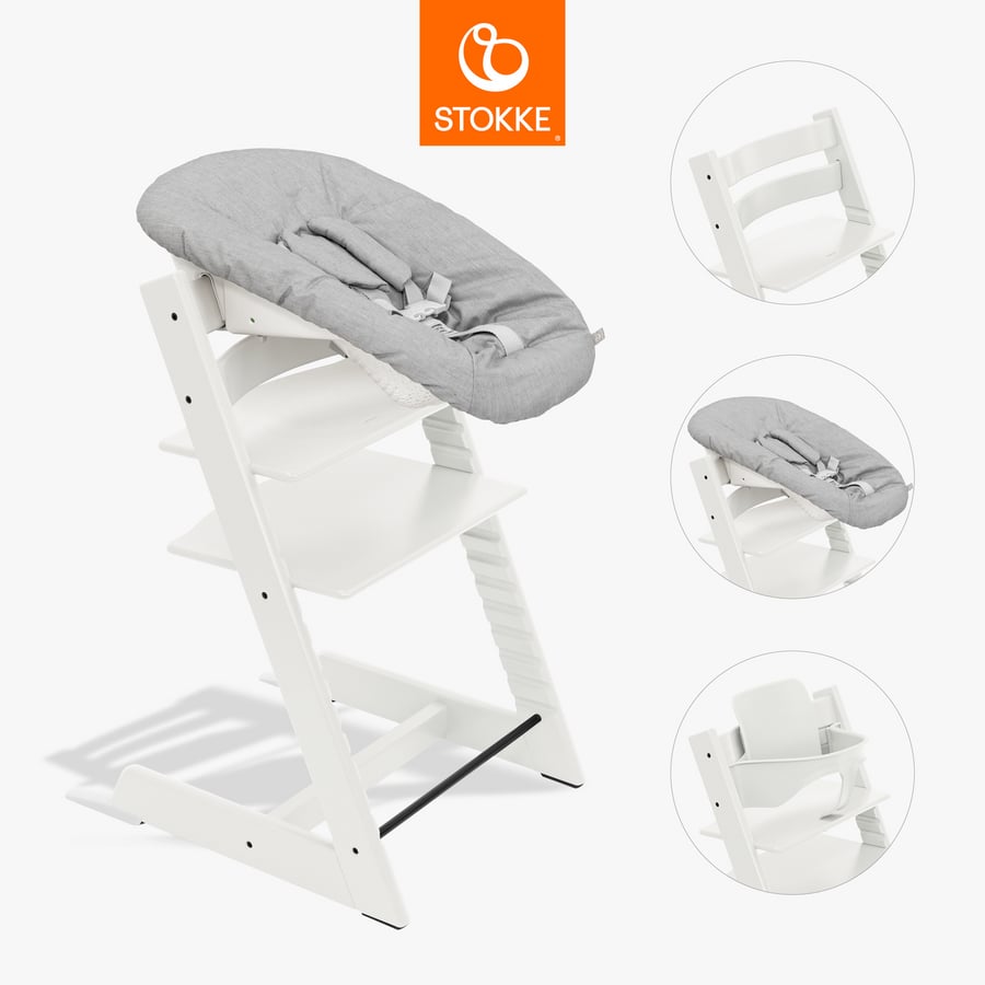 Stokke Tripp Trapp Kinderstoel beuken wit incl. Newborn Set™ grijs en BabySet V2 wit