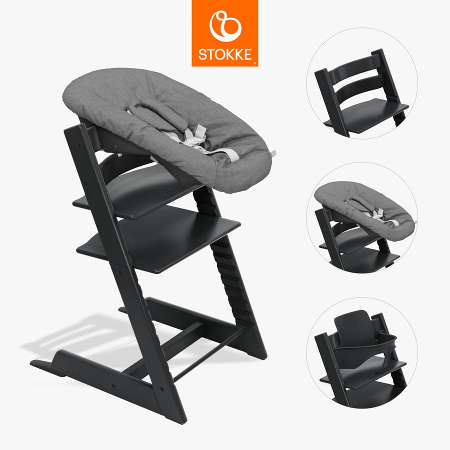 Stokke Tripp Trapp Kinderstoel beuken zwart incl. Newborn Set™ Anthracite en BabySet V2 zwart