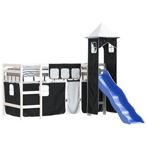 VidaXL Kinderhoogslaper met toren 90x200 cm grenenhout wit en zwart