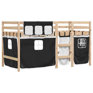 VidaXL Kinderhoogslaper met gordijnen 90x200 cm grenenhout wit zwart