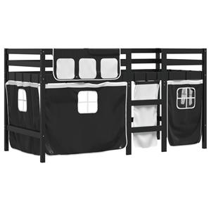 VidaXL Kinderhoogslaper met gordijnen 90x200 cm grenenhout wit zwart