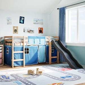 VidaXL Kinderhoogslaper met gordijnen 90x200 cm grenenhout blauw