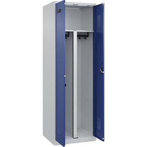 Multifunctionele lockerkast Evolo PLUS, 1 compartiment, scheidingswand ingekort, lichtgrijs / gentiaanblauw, b = 600 mm, met voetdoppen, cilinderslot
