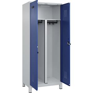 Multifunctionele lockerkast Evolo PLUS, 1 compartiment, scheidingswand ingekort, lichtgrijs / gentiaanblauw, b = 800 mm, met brede voeten, veiligheidsdraaigrendel