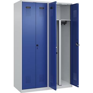 Multifunctionele lockerkast Evolo PLUS, 2 compartimenten, scheidingswand ingekort, lichtgrijs / gentiaanblauw, b = 1200 mm, met voetdoppen, veiligheidsdraaigrendel