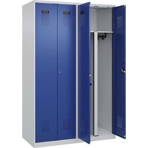 Multifunctionele lockerkast Evolo PLUS, 2 compartimenten, scheidingswand ingekort, lichtgrijs / gentiaanblauw, b = 1200 mm, met voetdoppen, cilinderslot