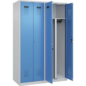 Multifunctionele lockerkast Evolo PLUS, 2 compartimenten, scheidingswand ingekort, lichtgrijs / lichtblauw, b = 1200 mm, met voetdoppen, cilinderslot