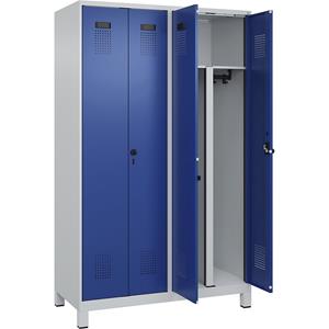 Multifunctionele lockerkast Evolo PLUS, 2 compartimenten, scheidingswand ingekort, lichtgrijs / gentiaanblauw, b = 1200 mm, met brede voeten, veiligheidsdraaigrendel