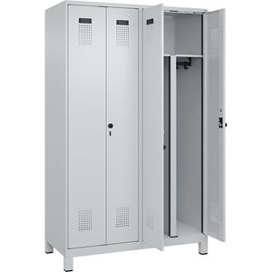 Multifunctionele lockerkast Evolo PLUS, 2 compartimenten, scheidingswand ingekort, lichtgrijs, b = 1200 mm, met brede voeten, veiligheidsdraaigrendel