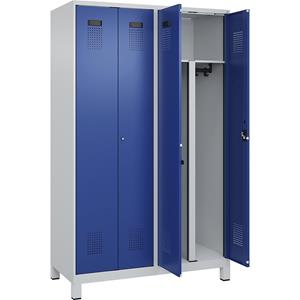 Multifunctionele lockerkast Evolo PLUS, 2 compartimenten, scheidingswand ingekort, lichtgrijs / gentiaanblauw, b = 1200 mm, met brede voeten, cilinderslot